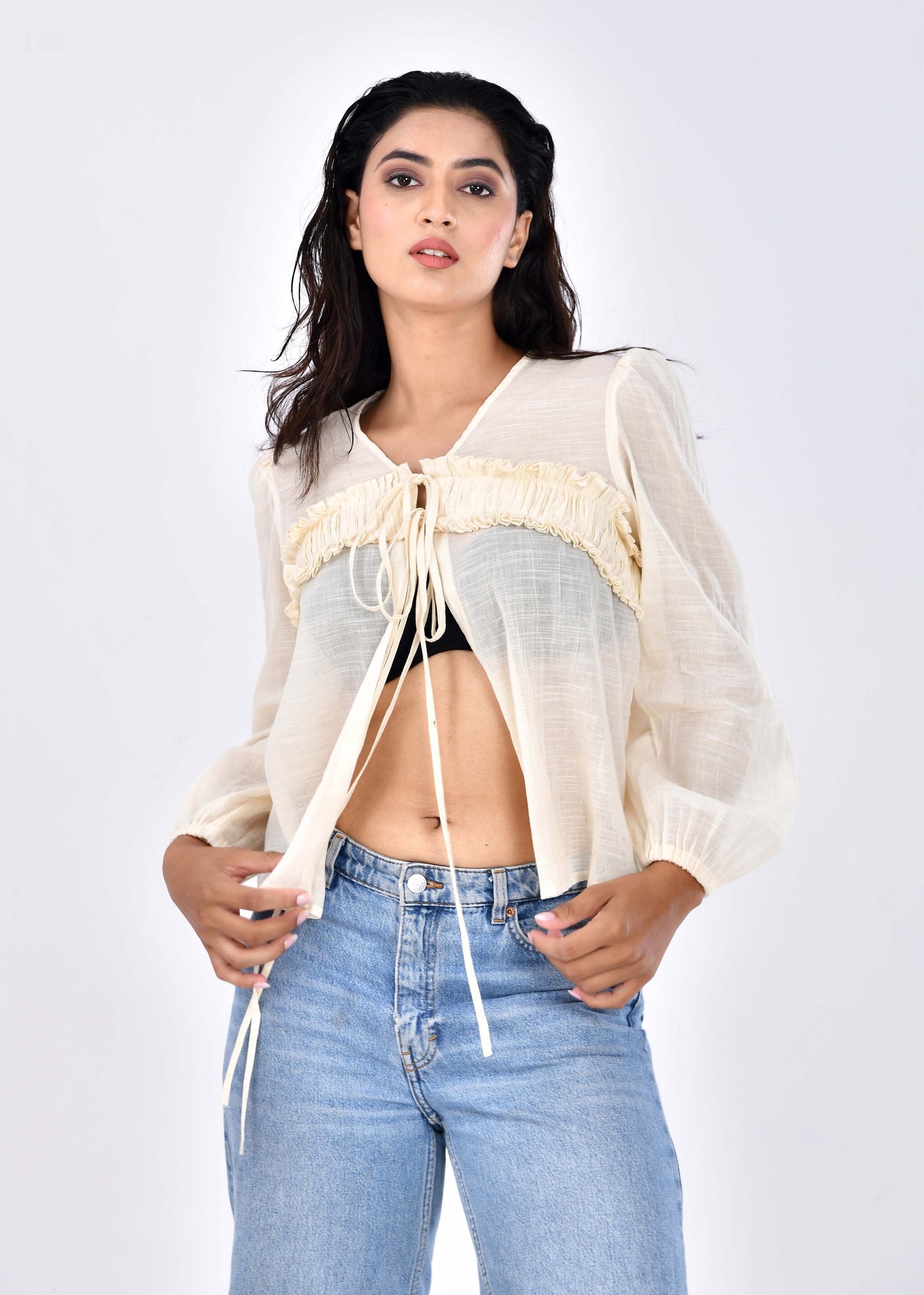 Caramel Sky – Flared Hem Tie-Up Long Sleeve Top