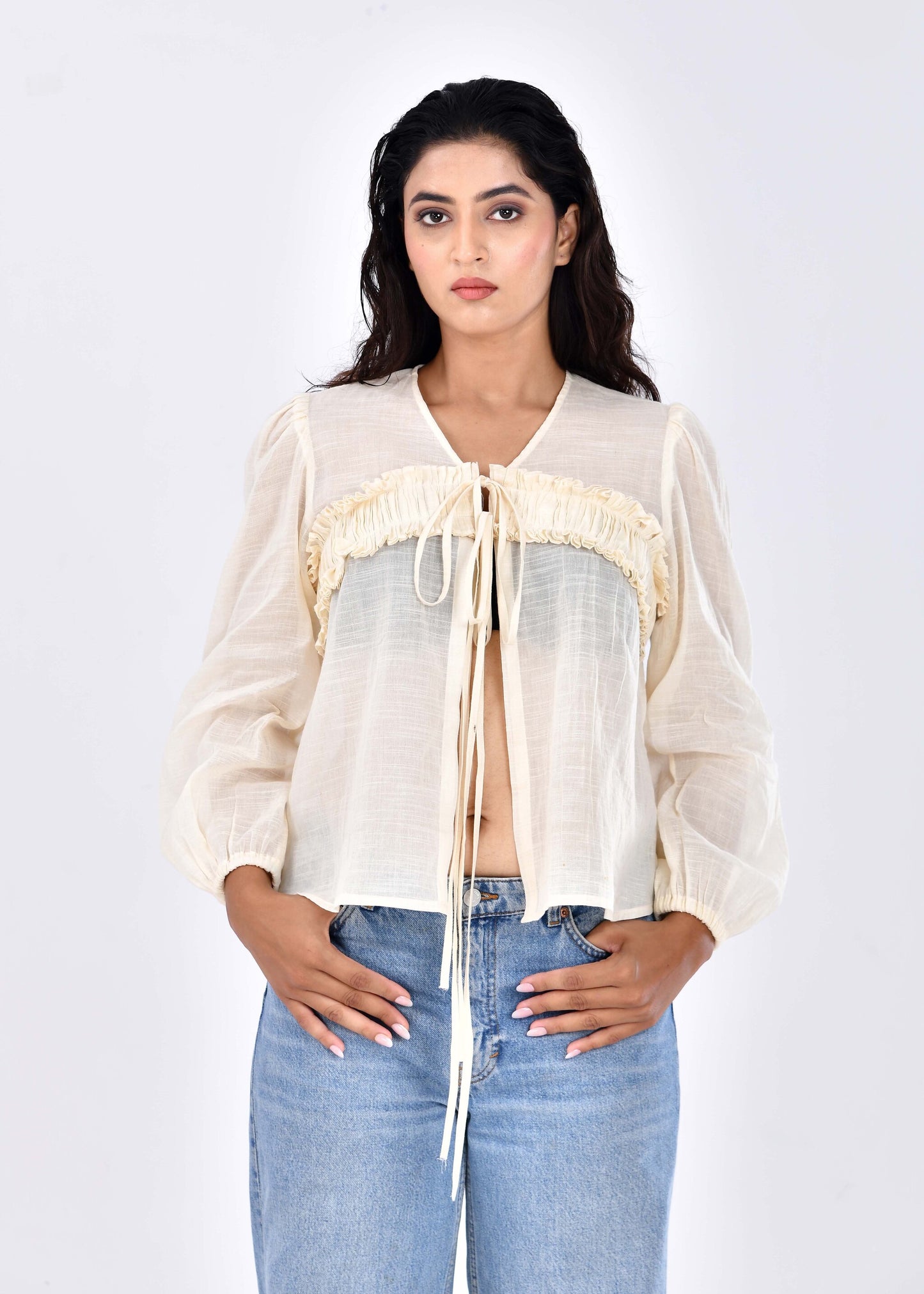 Caramel Sky – Flared Hem Tie-Up Long Sleeve Top