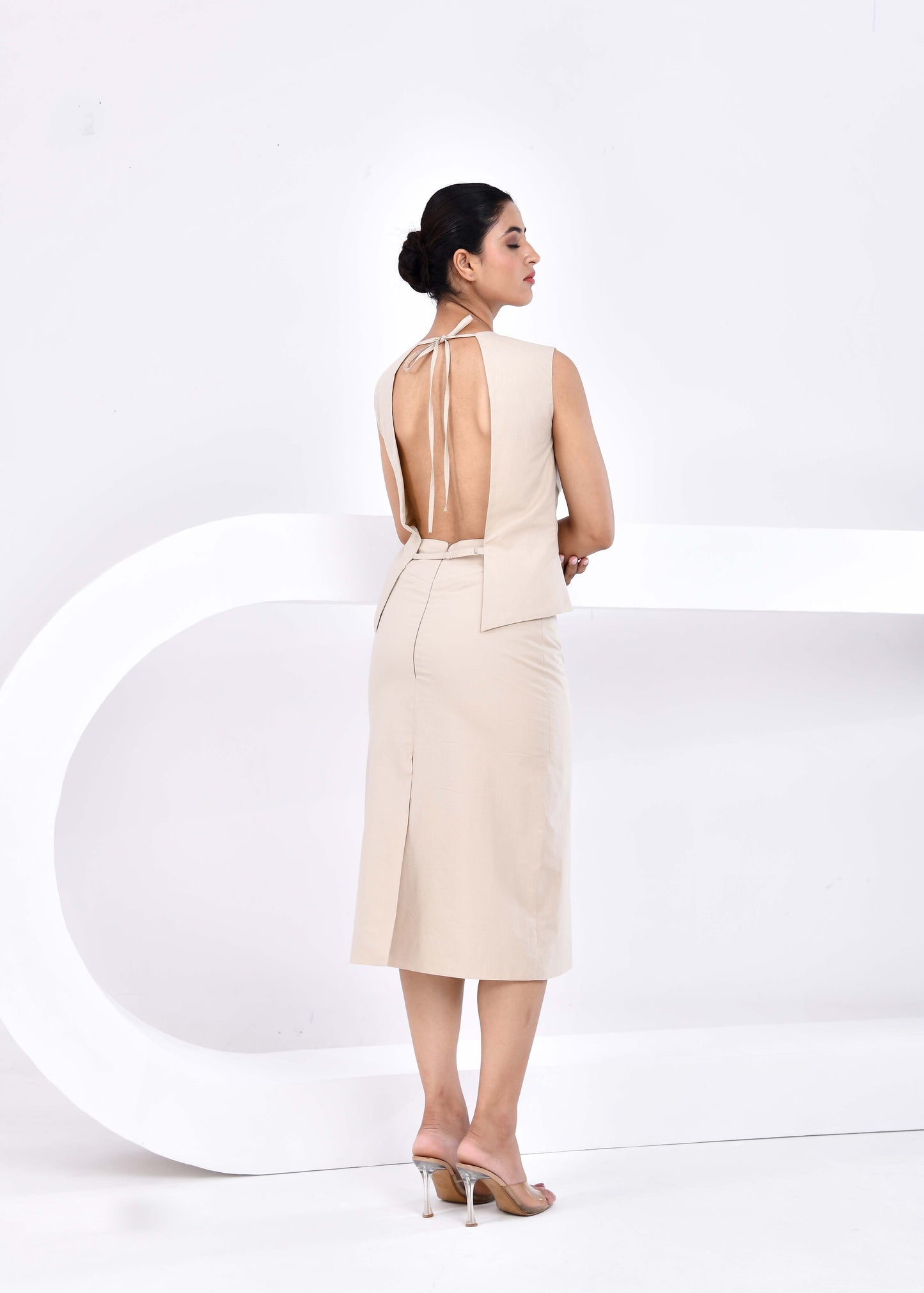 Solara – Open-Back Waistcoat Top with Midi Pencil Skirt