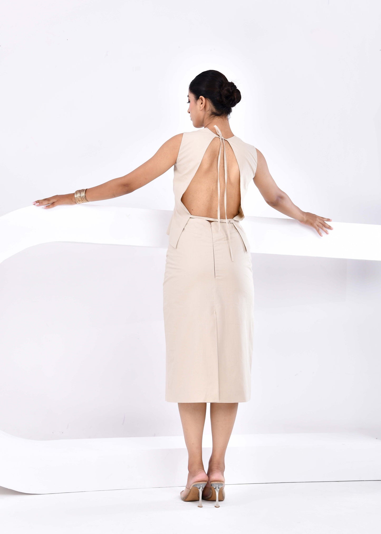 Solara – Open-Back Waistcoat Top with Midi Pencil Skirt