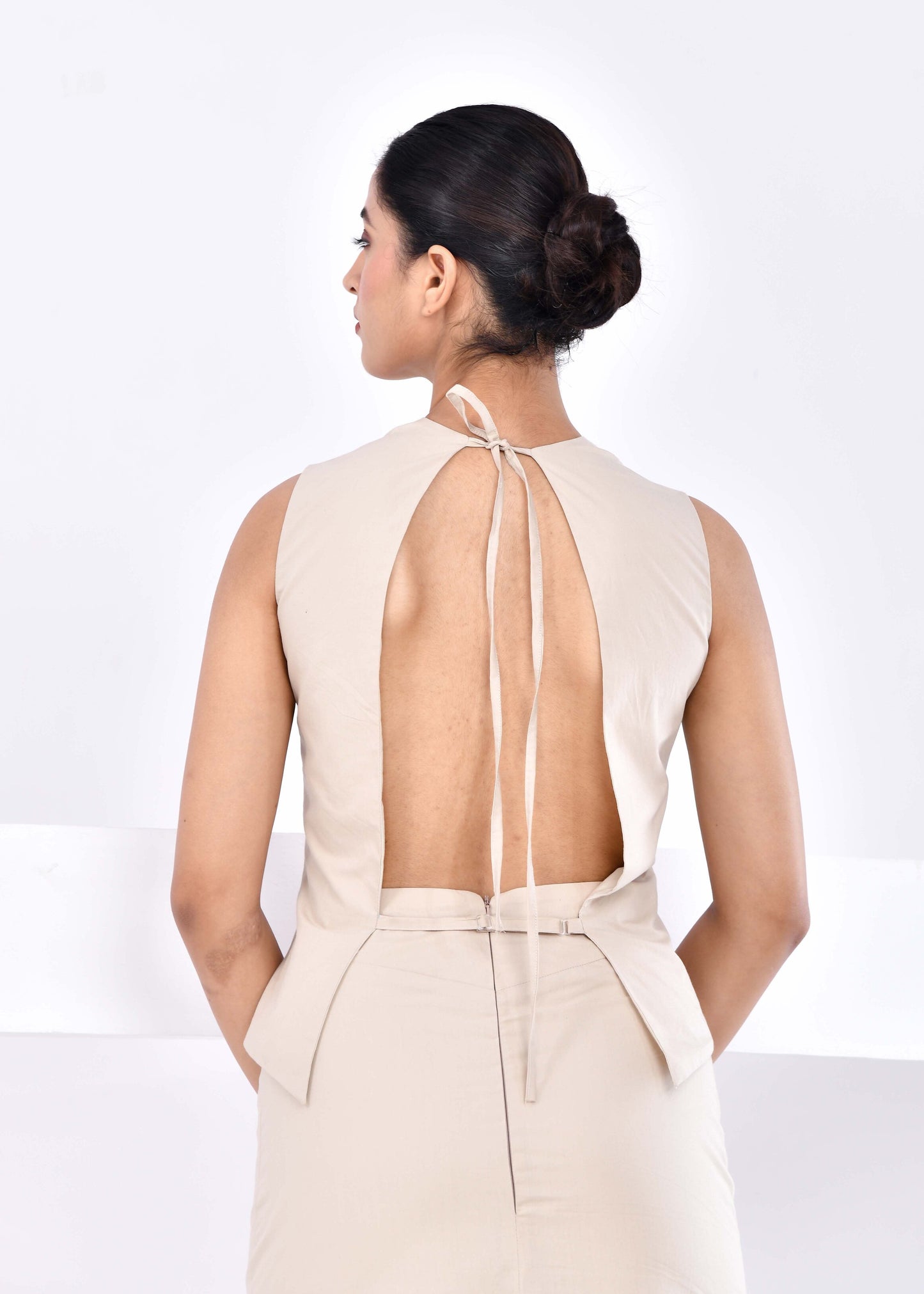 Solara – Open-Back Waistcoat Top with Midi Pencil Skirt